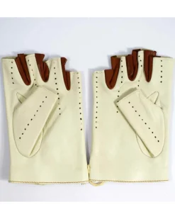 Guanti da guida senza dita da uomo in pelle avorio bicolore art 5MDVBIC