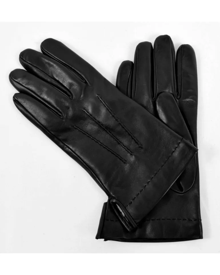 guanti uomo classico in pelle colore nero tre cordoncini cuciti con fodera lana art 513CF