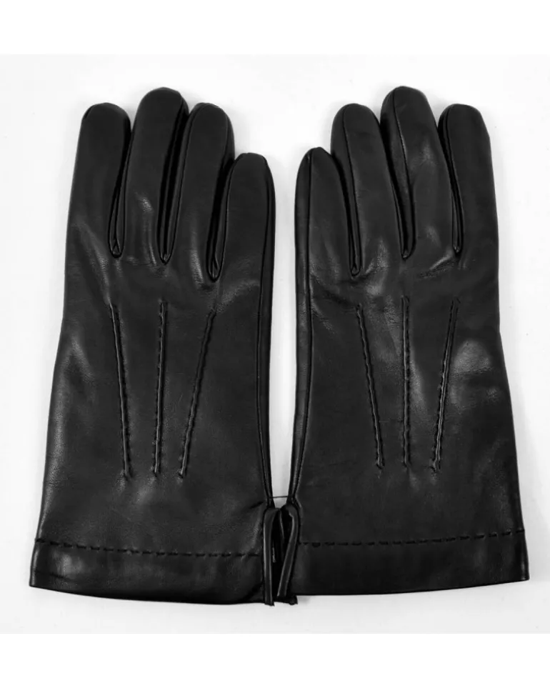guanti uomo classico in pelle colore nero tre cordoncini cuciti con fodera lana art 513CF