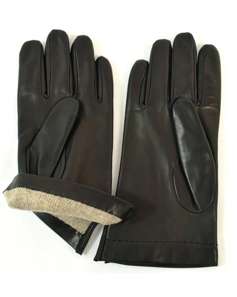 guanti uomo classico in pelle colore nero tre cordoncini cuciti con fodera lana art 513CF