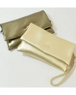 pochette in pelle liscia metallizzata con tracolla e maniglia art 1739_lam